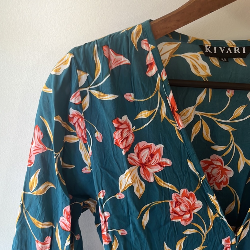 KIVARI Lucia Teal Floral Frill Wrap Mini Dress RRP$190 - Picture 14 of 16